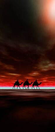 3 kings sunset10b, Christmas card image of the 3 kings on camels, silhouetted against a dramatic desert sunsetの写真素材