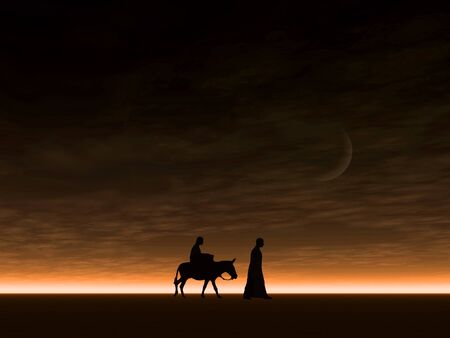 Christmas Mary and Joseph 6b, Christmas card image of Mary and Joseph silhouetted against a night sky with bright misty horizonの写真素材