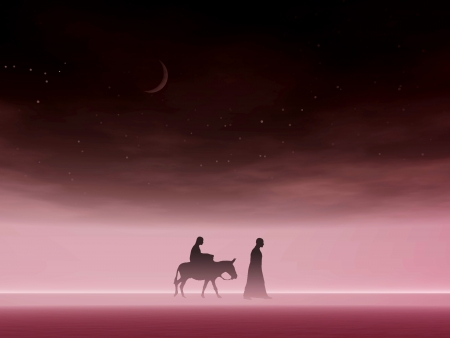 Christmas Mary and Joseph 8b, Christmas card image of Mary and Joseph silhouetted against a night sky with bright misty horizonの写真素材