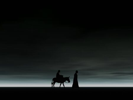 Christmas Mary and Joesph 9, Christmas card image of Mary and Joseph silhouetted against a night sky with bright horizonの写真素材