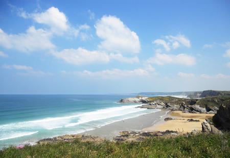 Cornish beach 4, sandy beach view from cliff top, Cornwall, Englandの写真素材