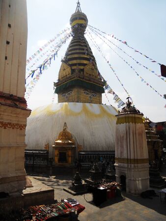 temple in Kathmandu with prayer flagsの写真素材