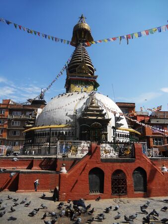 Nepalese temple, temple in Kathmandu with pigeonsの写真素材
