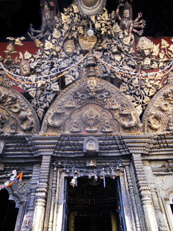 Traditional Nepalese temple doorway decoration, old temple decoration in Kathmanduの写真素材