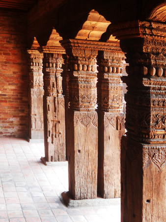 Nepalese woodcarving, carved wooden pillars in Kathmanduのeditorial素材