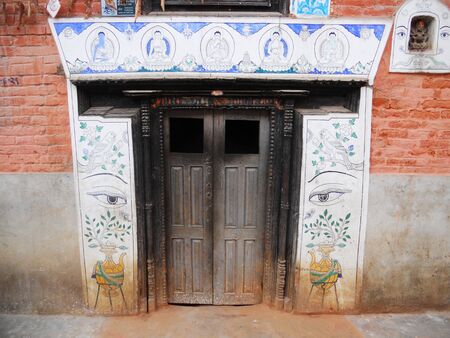 Nepalese doorway, old wooden doorway in Kathmandu, Nepalの写真素材