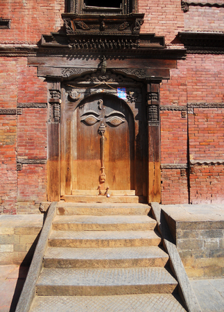 Nepalese doorway, old wooden doorway in Kathmandu, Nepalの写真素材
