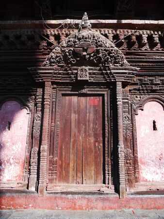 Nepalese doorway, old wooden doorway in Kathmandu, Nepalの写真素材