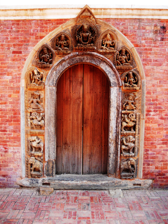 Nepalese doorway, old wooden doorway in Kathmandu, Nepalの写真素材