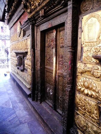 Nepalese temple detail 4, angled view of the entrance to a Kathmandu templeの写真素材