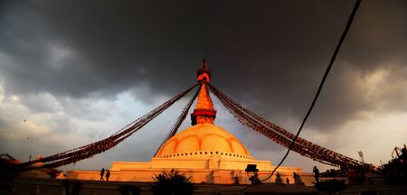 Nepalese temple sunset 4, beautiful sunset reflecting off a temple in Kathmanduの写真素材