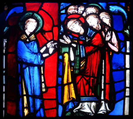 Red and blue stained glass window, Europeのeditorial素材