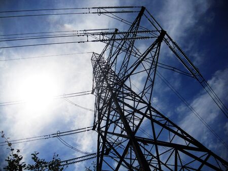 electric power pylon in Britain with clouds.の写真素材