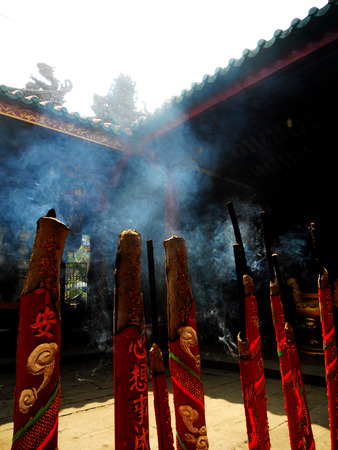 big incense sticks burning in Chinese temple, Penang, Malaysiaのeditorial素材