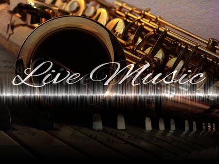 live music poster, with the words "live music" and the image of sax and piano, gold and black colorsの写真素材