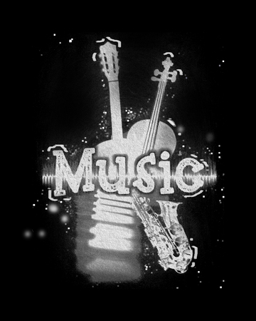 white on black music poster, with the word "music" and images of musical instrumentsの写真素材