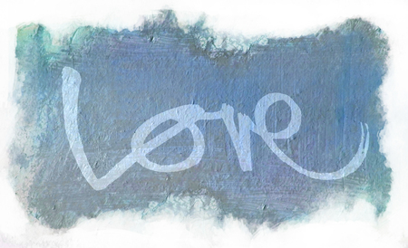 love painted, the word love hand-painted, artistic word love, pale brush lettering on blue painted texture on white background.の写真素材