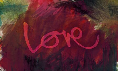 Love painted, the word love hand-painted, artistic word love, red lettering on rough painted background.の写真素材