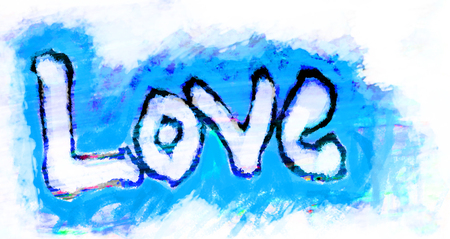 love painted, the word love hand-painted, artistic word love, blue brush strokes with white background and pale lettering.の写真素材