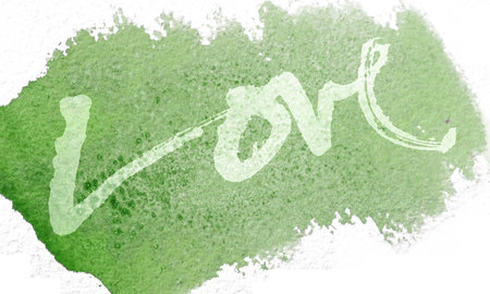 love painted, the word love hand-painted, artistic word love, pale lettering on green watercolor texture on white background.の写真素材