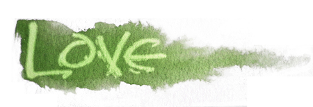 love painted, the word love hand-painted, artistic word love, stylized design element, long green watercolor on white background.の写真素材