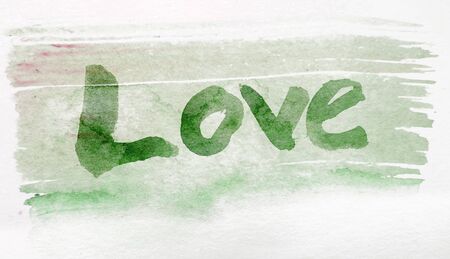 love painted, the word love hand-painted, artistic word love, green brush lettering on watercolor texture.の写真素材