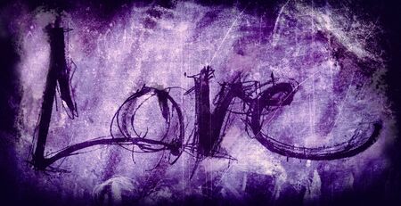 love painted, the word love hand-painted, artistic word love, hand-drawn lettering on grunge texture, dark vignette, purple tint.の写真素材