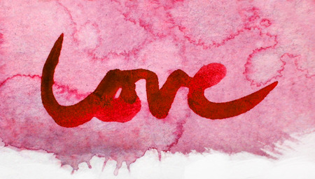 love painted, the word love hand-painted, artistic word love, red brush lettering on watercolor texture.の写真素材