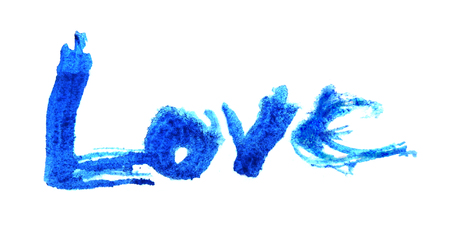 love painted, the word love hand-painted, artistic word love, blue brush lettering on white background.の写真素材