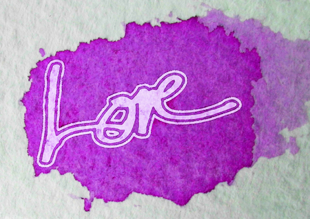 love painted, the word love hand-painted, artistic word love, pale brush lettering with outline on magenta watercolor texture.の写真素材