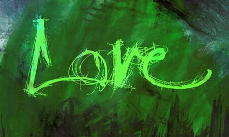 Love painted, the word love hand-painted, artistic word love, vivid green hand-drawn lettering on painted texture.の写真素材
