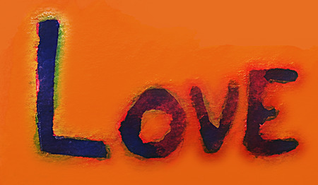 love painted, the word love hand-painted, artistic word love, blue brush lettering on orange painted texture.の写真素材