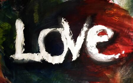 Love painted, the word love hand-painted, artistic word love, white rough painted lettering on colored paint texture.の写真素材