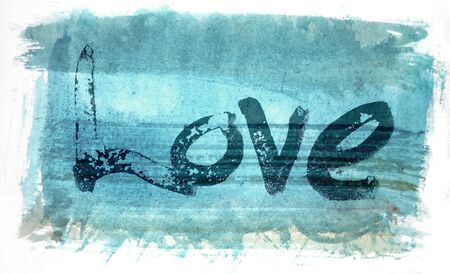 love painted, the word love hand-painted, artistic word love, rough painted partially washed-out brush lettering on blue painted texture with white background.の写真素材