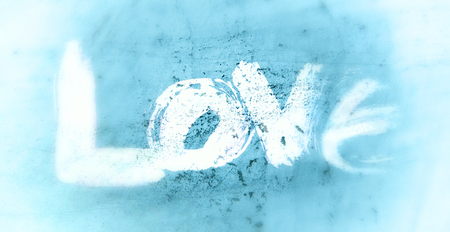love painted, the word love hand-painted, artistic word love, rough brush lettering on grunge texture background, cyan tint, blur vignette.の写真素材