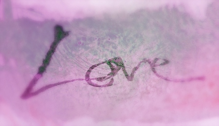 love painted, the word love hand-painted, artistic word love, rough painted lettering on organic painted texture, magenta tint with blur vignette.の写真素材