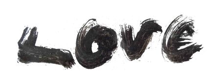 love painted, the word love hand-painted, artistic word love, Indian-ink lettering bleeding on wet white paper.の写真素材