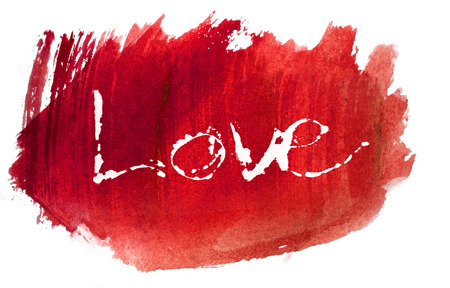 love painted, the word love hand-painted, artistic word love, pale brush painted lettering with paint beading, on red watercolor texture with white background.の写真素材