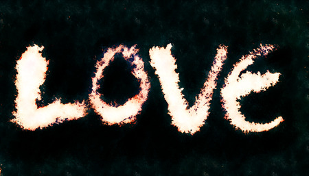 love painted, the word love hand-painted, artistic word love, textured pale brush lettering with red tint running on wet black background with slight texture.の写真素材