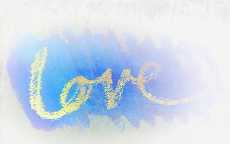 love painted, the word love hand-painted, artistic word love, purple rough pastel lettering on painted grunge texture, blue and yellow tints, pale vignette.の写真素材