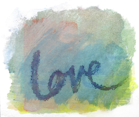 love painted, the word love hand-painted, artistic word love, rough drawn lettering with dark edges on multi-colored painted texture on white background.の写真素材