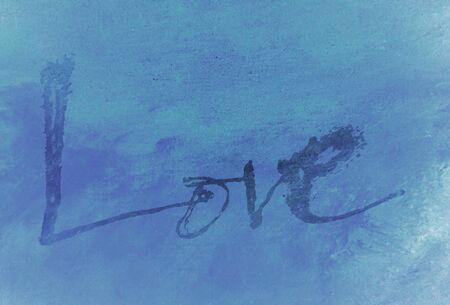 love painted, the word love hand-painted, artistic word love, pale rough brush lettering on oil paint texture, blue and purple tints.の写真素材