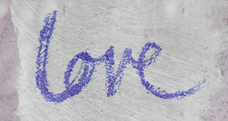 love painted, the word love hand-painted, artistic word love, purple rough pastel lettering on painted concrete grunge texture.の写真素材
