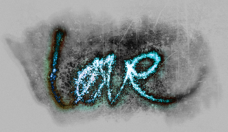 love hand-written, the word love written by hand, artistic word love, black watercolor rough painted brush lettering with bright highlights, cyan tint and bleed on wet surface, grunge texture background with blur vignette.の写真素材