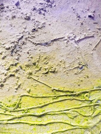 Very rough texture with dirt and natural string covered in thick white paint, with yellow and purple tints.の写真素材