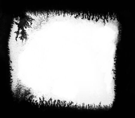 Black frame of Indian-ink brush strokes and texture on wet paper, textured artistic frame, monochrome, with white central area for copy-space.の写真素材