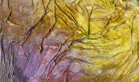 Painted organic texture made by glue crumpled tissue on painted board, yellow and magenta.