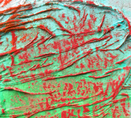 Organic paint and pastels texture with fascinating organic forms and textures from glued tissue on board, cyan or turquoise and green paint with red pastels.の写真素材