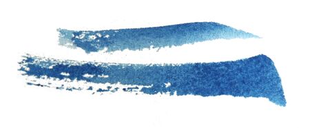 Brush strokes, two long watercolor brush strokes on rough watercolor paper, blue, isolated on a white background.の写真素材