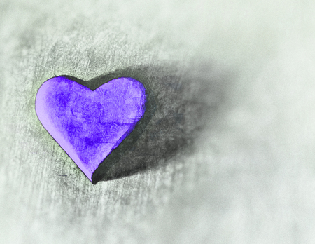Etching style purple 3D heart shape lit by single with diffuse shadow, semi-gloss material, lying flat, on rough texture, blur vignette.の写真素材